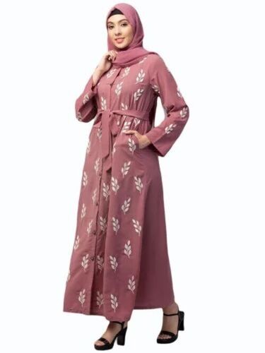 Pink Front Open Floral Belted Abaya - Cotton, All Size, Pink | Anti Wrinkle, Stylist, Comfortable, Washable