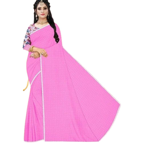 Pink Color Pure Chiffon Saree - Lightweight Soft Fabric, Regular Fit | Elegant Plain Design, Breathable Party Wear