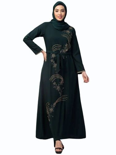 Belt Style Embroidered Ladies Abaya - Cotton, All Size, Green | Anti Wrinkle, Comfortable, Washable, Stylist