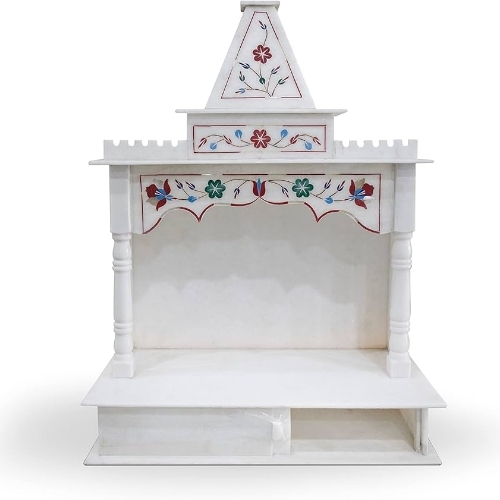 Home Marble Temple - Marble & Ceramic, White | Elegant Design, Intricate Carvings, Smooth Finish, Spiritual Ambiance