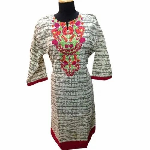 Ladies A Line Embroidered Rayon Kurti - 3/4th Sleeve, Regular Fit | Breathable, Anti Wrinkle, Quick Dry, Comfortable Fit