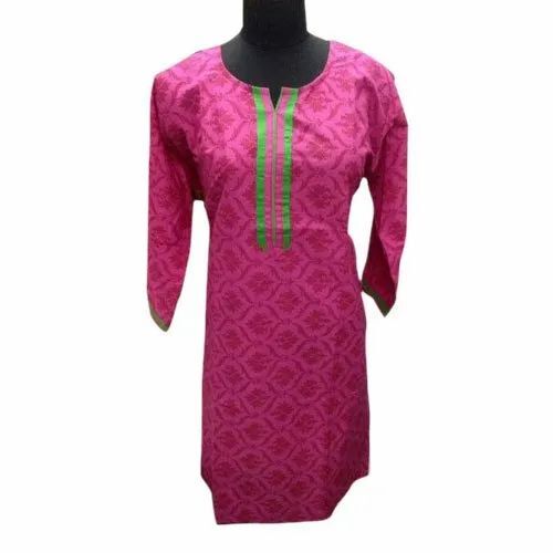 Ladies Casual Wear Printed Cotton Kurti - Cotton, 3/4th Sleeve, Pink | Breathable, Anti UV, Quick Dry, Comfortable Fit
