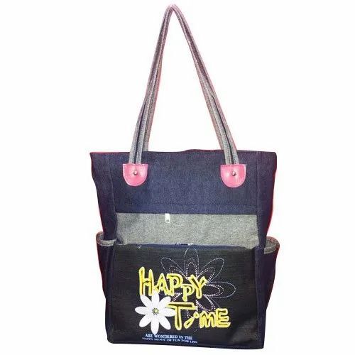 Printed Denim Loop Handle Handbag