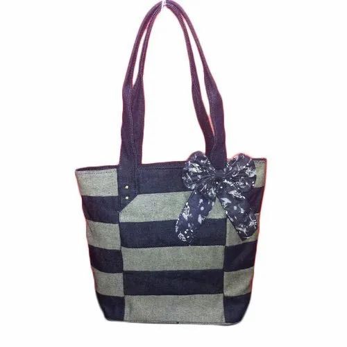 Striped Denim Loop Handle Handbag - Denim, Customized Size, Multi Color | Zipper Closure, 2 Pockets, Handles