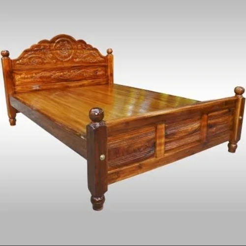 Teak Finish Brown King Size Wooden Cot Without Storage
