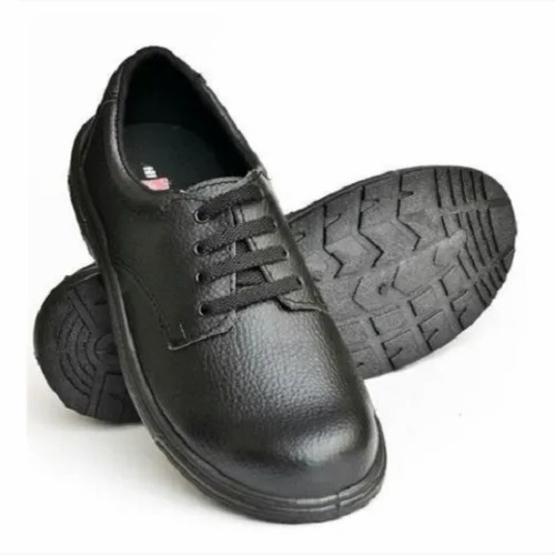Plain Safety Shoes - Leather Black Low Ankle, Durable Rubber Insole Lace Shoes for Men