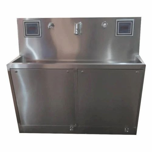 Ss 304 Hospital Scrub Sink - Stainless Steel, Double Station, Floor Mount, Rectangular Bowl, Sensor Operated, With Eyewash | New, Custom Size