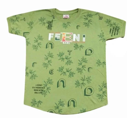 Kids Green Poly Cotton T Shirt - Decoration Material: Cloths