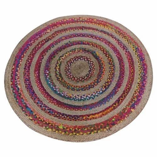 Multicolor Jute Carpet - 90 cm Diameter, 1-5 mm Thick, Hand Knotted | Washable, Flame-Retardant, Non-Slip