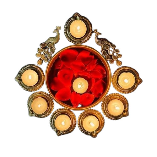 Peacock Golden Metal Urli - Brass, Polished Metal, Golden | Fancy Decorative Diya for Diwali