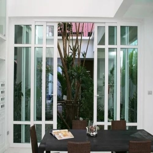 White Upvc Door - Exterior Sliding Door, Polished Finish | Brown Color, Center Lock Handle