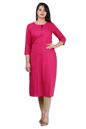Women Pink Plain Cotton Kurti - Regular Fit, 3/4 Sleeve, Lightweight | Breathable, Anti-UV, Quick Dry, Machine Washable