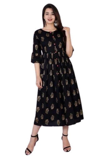 Women Printed Black Round Neck Kurti - Rayon, 3/4 Sleeve, Regular Fit | Breathable, Anti UV, Quick Dry, Machine Washable