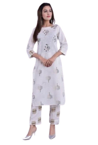 Women White Cotton Round Neck Printed Suit