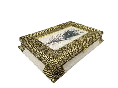 Lockable Wooden Dry Fruit Box - Wood, 10x15 Inch, Golden and Cream | Durable, Lightweight, Eco Friendly, Glossy Lamination