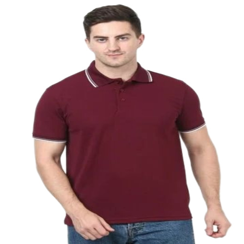 Men Polyester Solid T Shirt - Polyester, M-XXL, Maroon | Polo Collar, Short Sleeves, Plain Comfortable