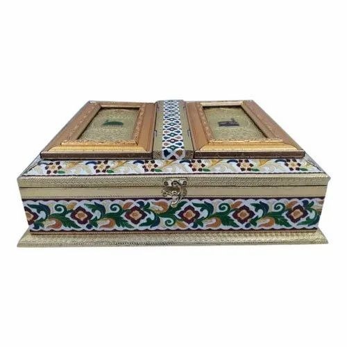 Rehal Quran Book Box - Wooden 9x12 Inch Multicolor, Rectangle Meenakari Work, Embossed Oxidised Finish