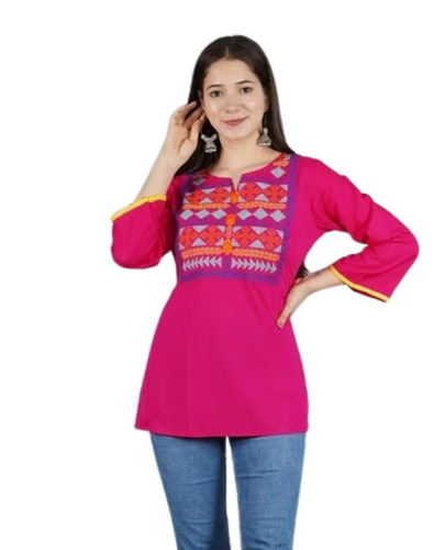 Embroidered Pink Sleeves Printed Women Top - Rayon Customized Size Pink | Elegant Design Comfortable Fit Breathable
