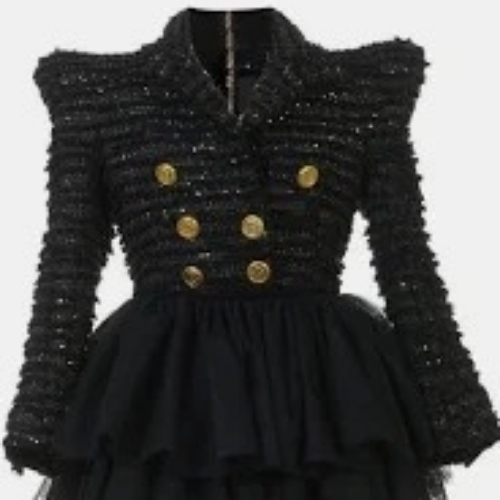 Girls Black Striped Boucle Sequin Dress