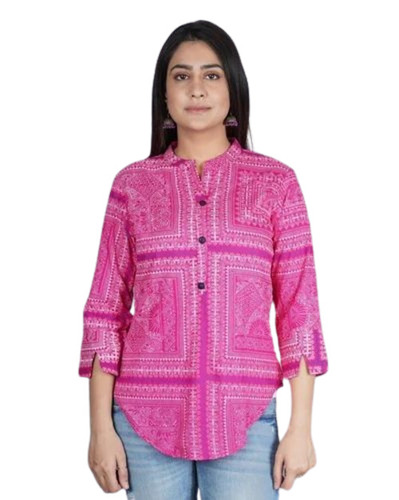 Party Wear Pink Rayon Women Top - 3/4 Sleeve, Printed, Regular Fit, Lightweight | Soft, Breathable, Comfortable