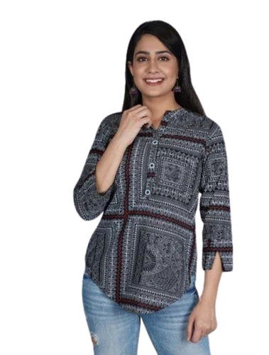 Regular Women Grey Rayon Printed Top - 3/4 Sleeve, V-Neck, Party Wear | Breathable, Anti Wrinkle, Quick Dry, Comfortable Fit