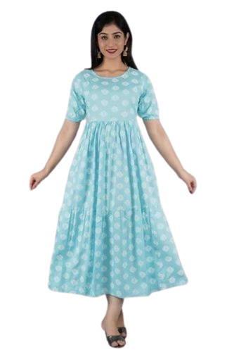 Woman Rayon Anarkali Kurta - Rayon, Regular Fit, Blue, Half Sleeve | Breathable, Anti Wrinkle, Quick Dry, Comfortable Fit