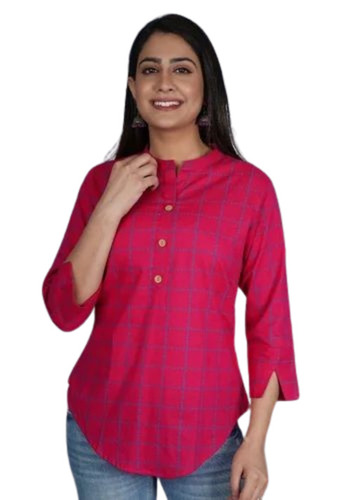 Women Red Rayon Checked Top - V-Neck, 3/4 Sleeve, Regular Fit, Breathable, Machine Washable