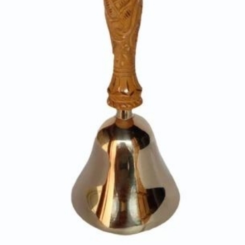 Brass Nandi Hand Bell - Brass, 4x2 Inch, Golden | Durable Temple Bell