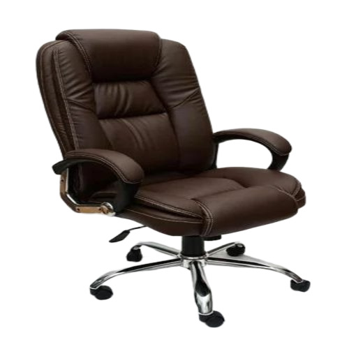 High Back Brown Office Chair - Leather, Steel Frame, Polished Finish | Durable, Lightweight, Easy to Clean, Washable