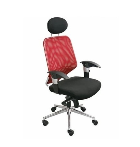 High Back Chair - Fabric & Stainless Steel Standard Size Red & Black Adjustable Height Lumbar Support Five Castor Wheels