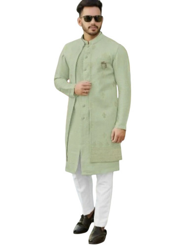 Men Light Green Embroidered Cotton Kurta Pajama Set