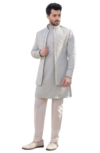 Men Light Grey Cotton Kurta Pajama Set - Embroidered, Long Sleeve, Comfortable, Washable