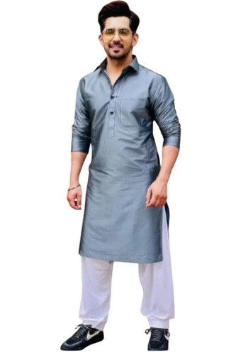 Men Metallic Grey Embroidered Silk Kurta Pajama Set - Cotton XL, Long Sleeve, Washable, No Shrinkage