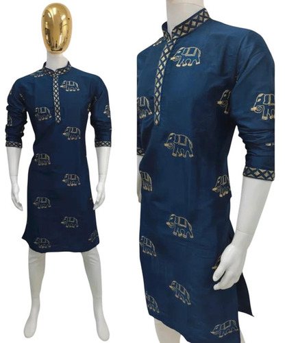 Men Printed Polycotton Kurta - Size 40, Blue, Full Sleeve | Comfortable, Washable, No Fade