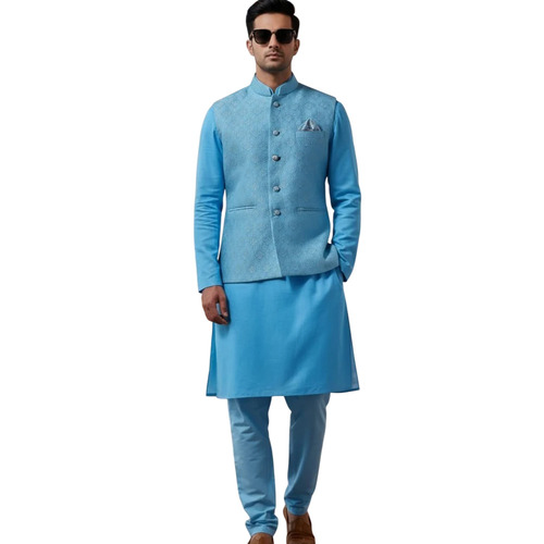 Men Sky Blue Plain Cotton Kurta Pajama Jacket Set - Age Group: Adult