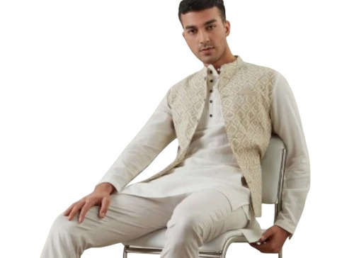 Men White Embroidered Silk Kurta Pyjama Jacket Set