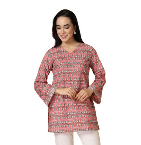 Short Kurtis - Cotton, XS to XXXL, Pink, Long Sleeve, Printed | Shrink, Tear, Wrinkle Resistant, Breathable, Quick Dry