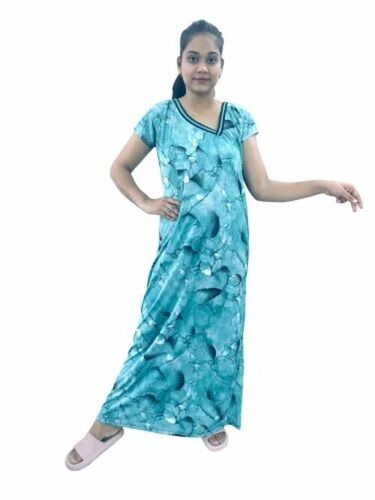 Blue Color Satin Nightgown - Printed, Half Sleeves, Regular Fit | Lightweight, Soft, Breathable, Quick Dry