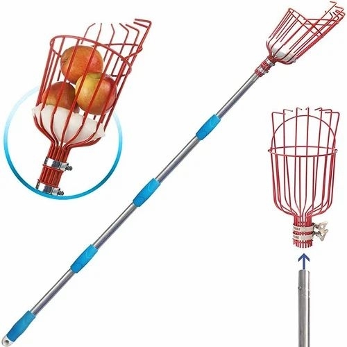 Fruit Picker With Basket - Mild Steel, Aluminum & Bamboo, Red | Rust Resistant, Lightweight, Comfortable Grip, Portable Design