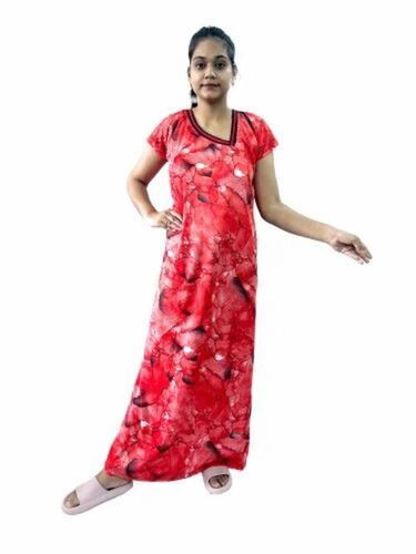 Red Color Satin Nightgown - Silk, Printed, Half Sleeves, Regular Fit | Lightweight, Soft, Breathable, Quick Dry, Comfortable Fit