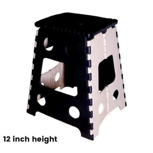 12 Inch Polypropylene Folding Stool - Rectangular Foldable, Black, Lightweight 1.5 Kg, 100 Kg Load Capacity