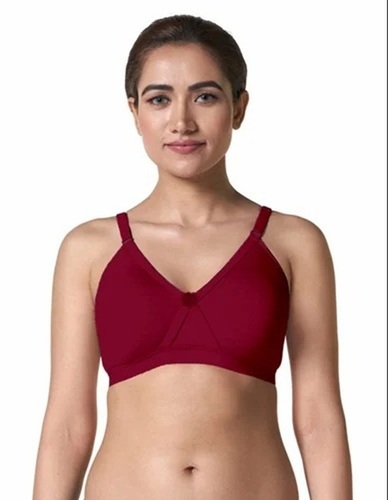 Ladies Plain Bra - Cotton, Sizes 28-42, Maroon, Thin Shoulder Straps, Low Plunge Neckline, Three-Fourths Coverage, Non-Padded, Breathable, Skin-Friendly, Backside Hook-and-Eye Closure