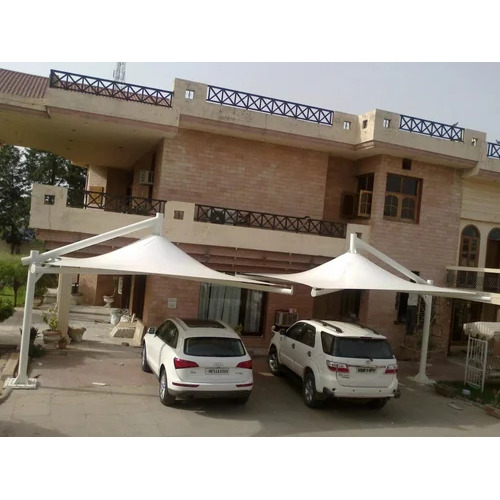 Paint Coated Conical Car Parking Structure - MS Frame Floor Mounted 650 GSM Tensile Waterproof White PVC Panel