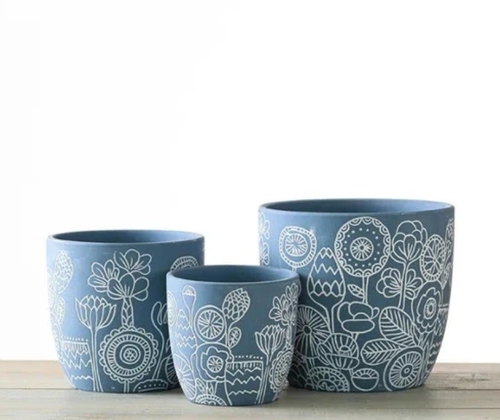 Grey Floral Etched Planter Set