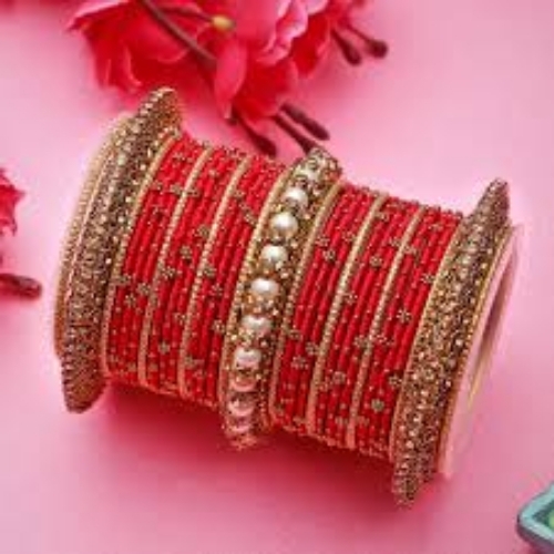 Metal Bangles - Metal, Red, Round | Durable Material, Stylish Pattern, Shiny Surface, Intricate Work, Comfortable Fit, Traditional Design, Decorative Appeal