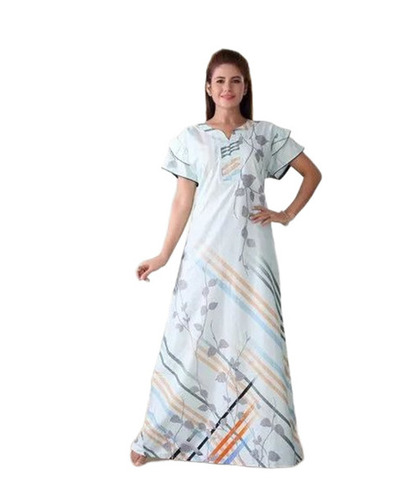 Cotton Nightgown - Women's M-XXXL, White, Soft Silky Fabric, Quick Dry, Lightweight, Short Sleeves, Printed Nighty