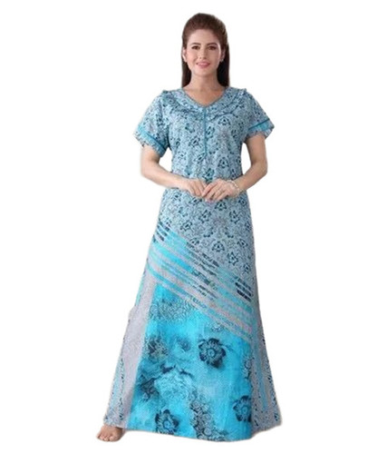 Cotton Nightwear - Cotton M-XXXL Sky Blue & Gray | Quick Dry Lightweight Neatly Stitched Printed Nighty
