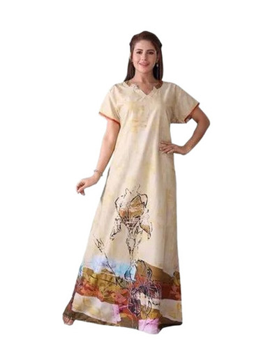 Cotton Printed Nighties - Cotton, M-XXXL, Beige | Quick Dry, Neatly Stitched, Lightweight, Soft Feel