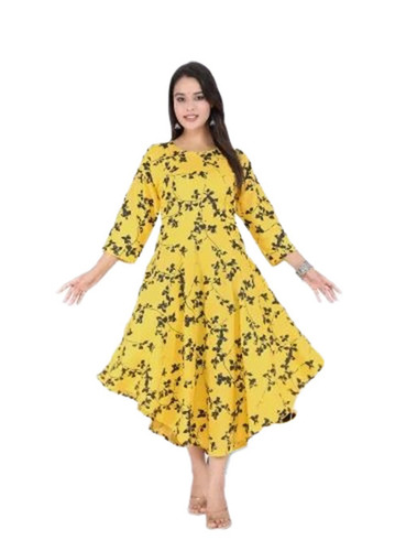 Ladies Kurtis - Rayon, S to XXXL, Yellow, Round-Neck, 3-4th Sleeve, Printed | Anti-Wrinkle, Breathable, Quick Dry, Washable, No Fade