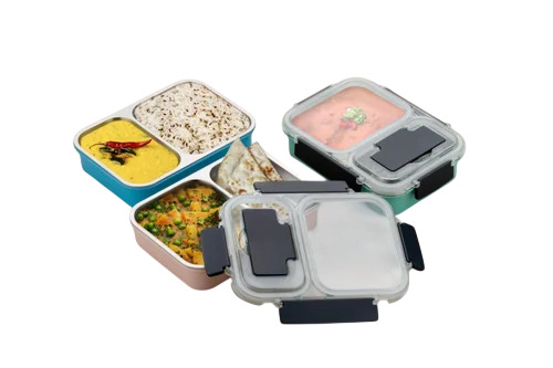 SS Lunch Box - Stainless Steel 500ml Blue, Leak Proof Snap Lid, BPA Free, Microwave/Dishwasher Safe